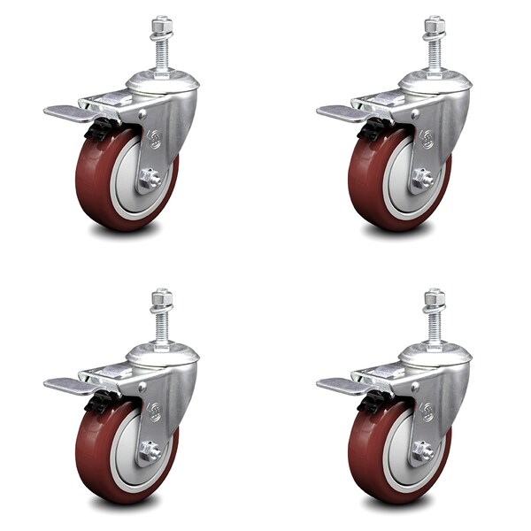 Service Caster 4 Inch Maroon Polyurethane Swivel 3/8 Inch Stem Caster Set with Total Lock Brake SCC-TSTTL20S414-PPUB-MRN-381615-4 - main